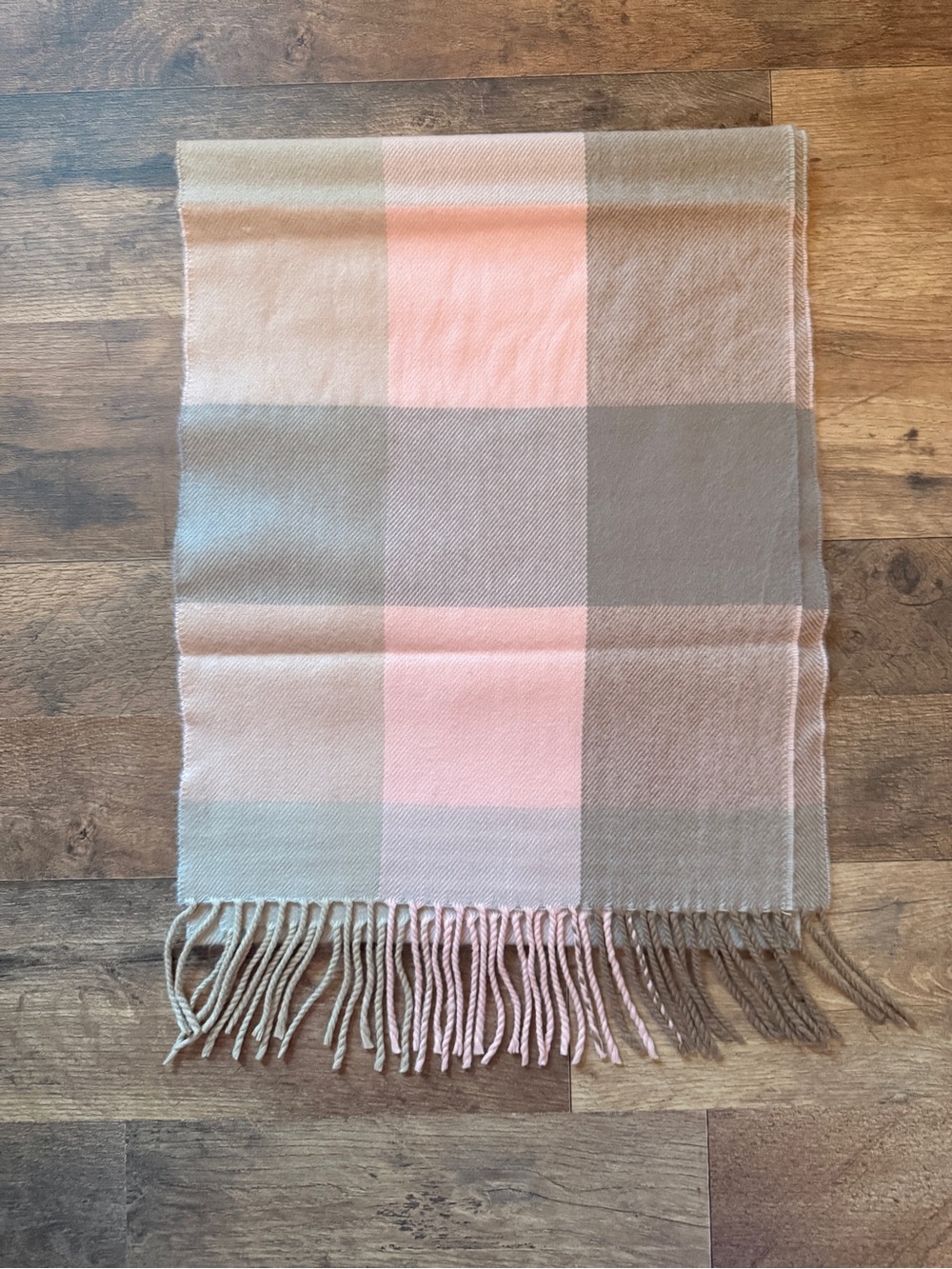 100% Cashmere Pink and Tan Plaid Fringe Scarf Wrap